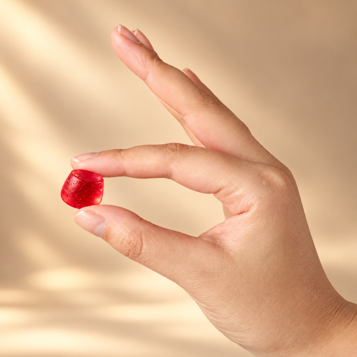 Hand die een rubyrode Goldgums gummy vasthoudt in warme gouden gloed